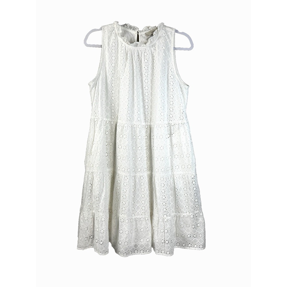 Loft Eyelet Lace Dress Medium Cottagecore Coastal Ruffle Tiered Pockets Lined